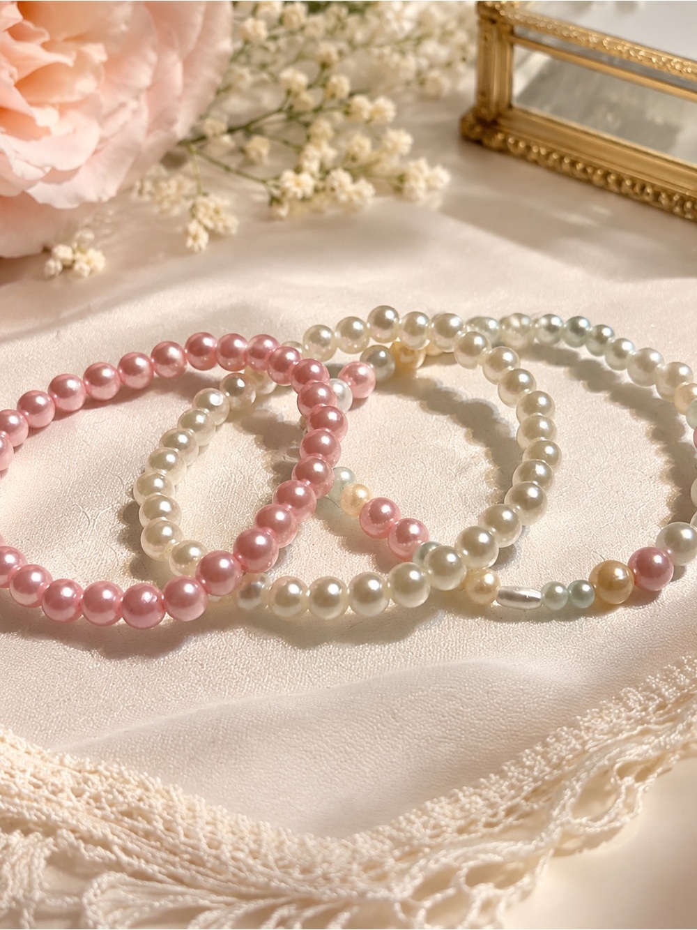 Elegant Pearl Stretch Bracelet Set - Pink & White Pearlescent Beads